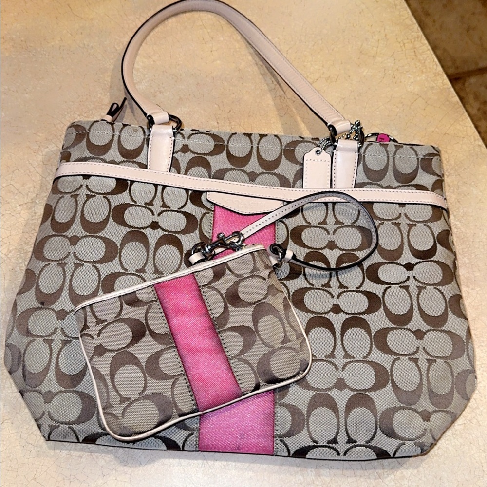 Coach Brown and Pink Signature Tote with Pouch